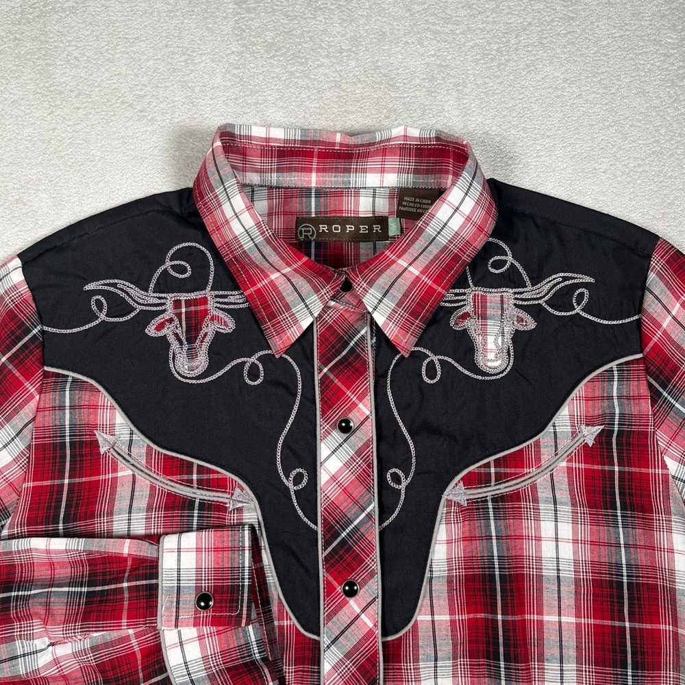 Roper Plaid Pearl Snap Western Shirt Womens Medium Red Longhorn 150-024-207RE